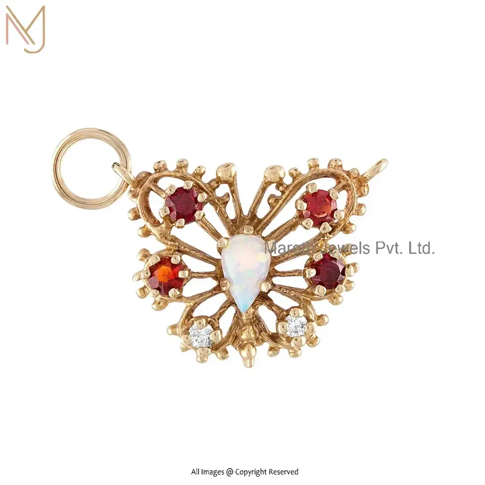 925 Silver Yellow Gold Plated Diamond Ruby And Opal Gemstone Butterfly Charms Pendant Jewelry USA