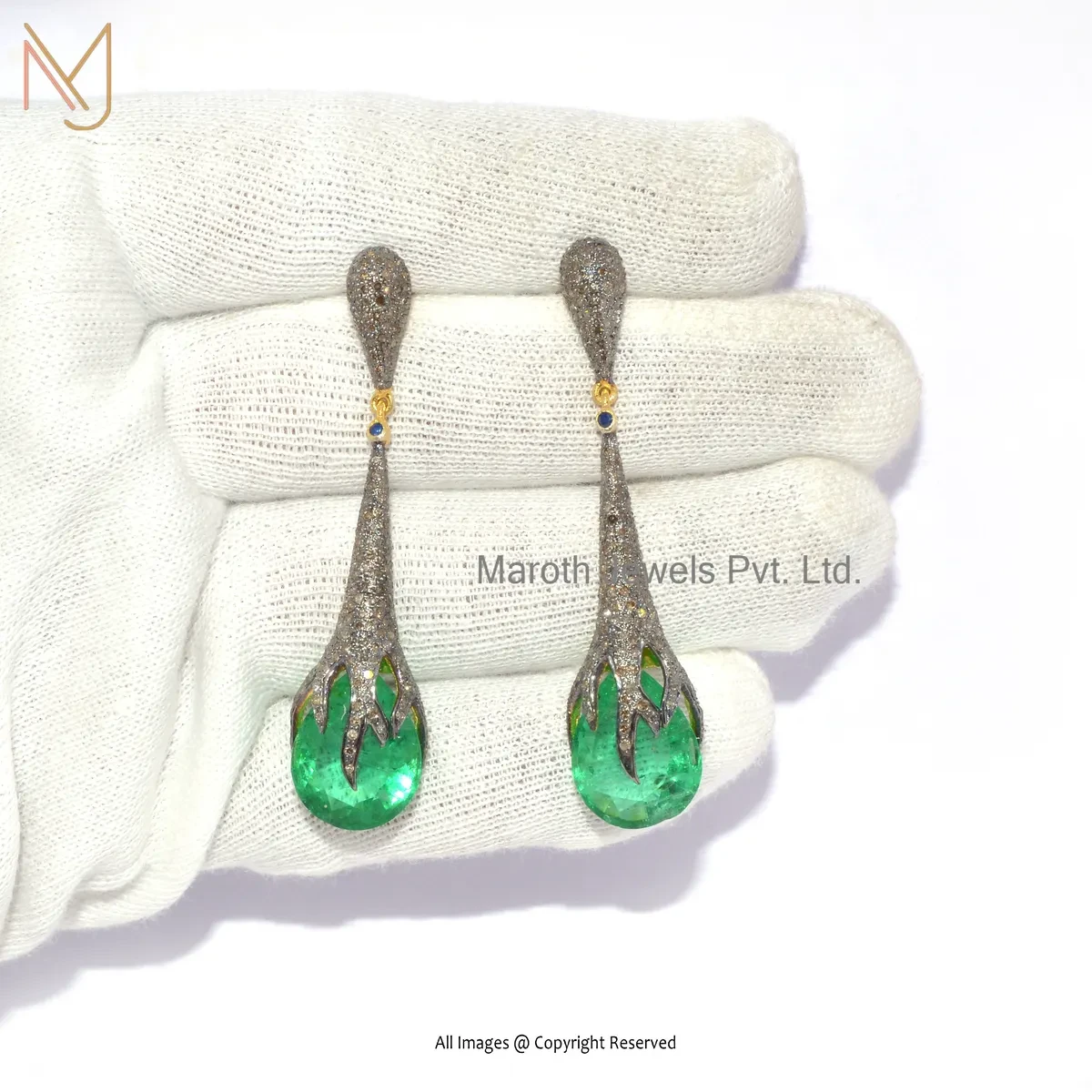 925 Silver Rhodium Yellow Gold Plated Pave Diamond & Blue Sapphire Emerald Twilight Vine Dangler Earrings USA