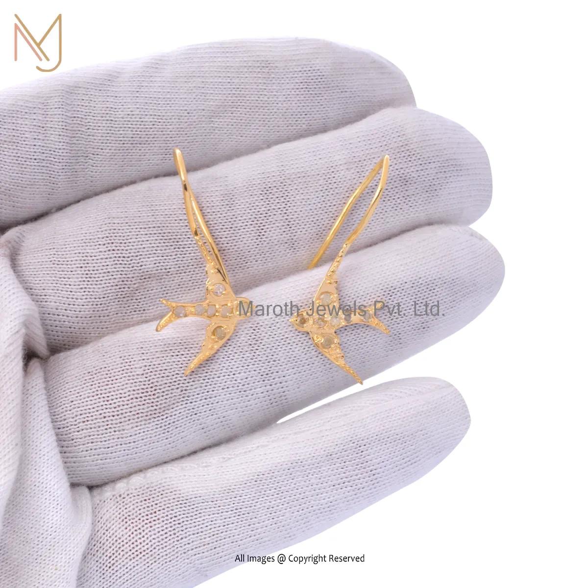 925 Silver Yellow Gold Plated Diamond Bird Stud Earring Manufacturer