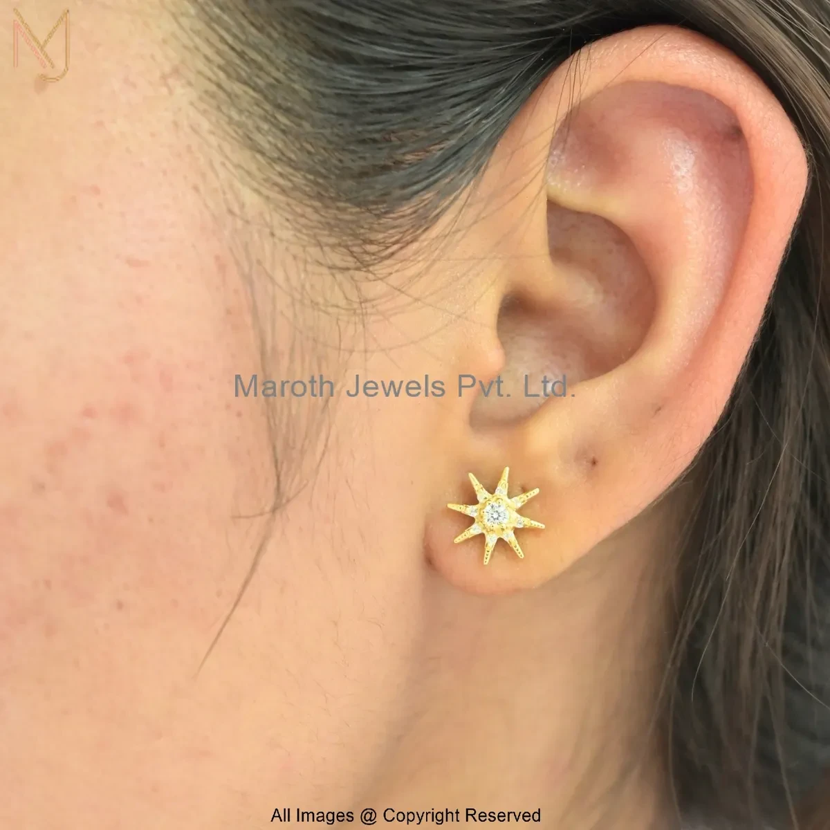 14K Yellow Gold Diamond Cubic Zircon Starburst Stud Earring Manufacturer