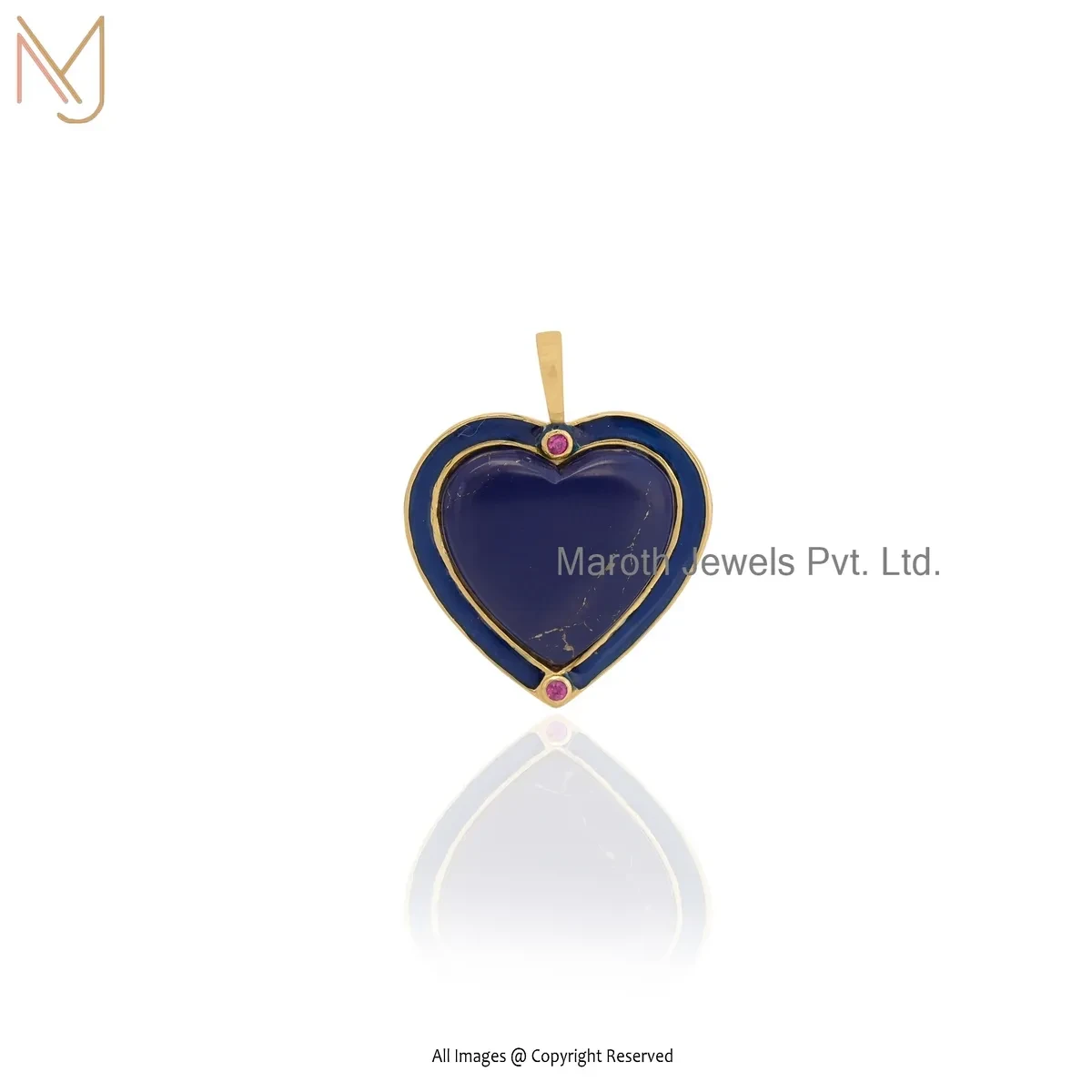 Private Lable 14K Yellow Gold Ruby & Lapiz Lazuli Gemstone Heart Pendant