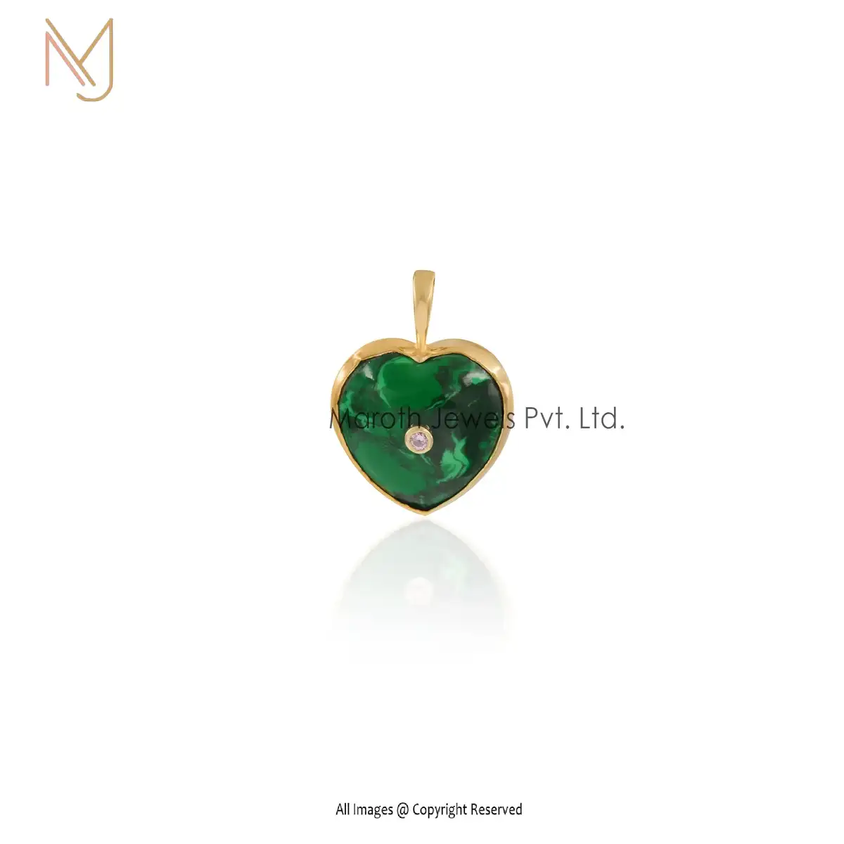 14K Yellow Gold Malachite & Pink Tourmaline Heart Pendant Jewelry Suppiler