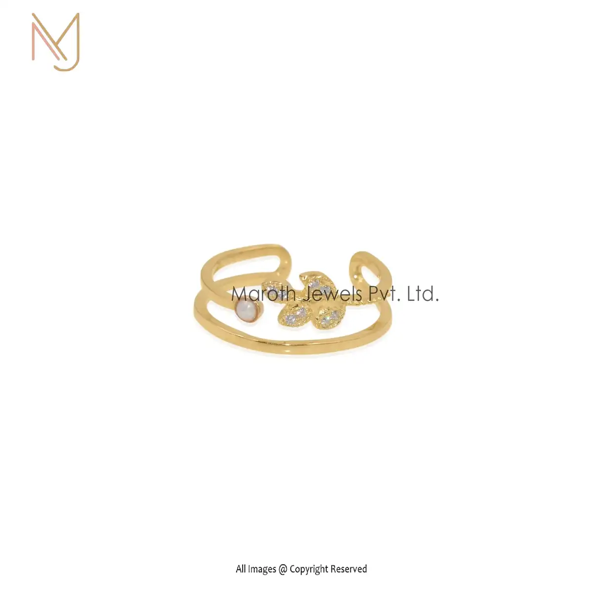 925 Silver Yellow Gold Plated Pearl And White CZ Ring Manufacturer