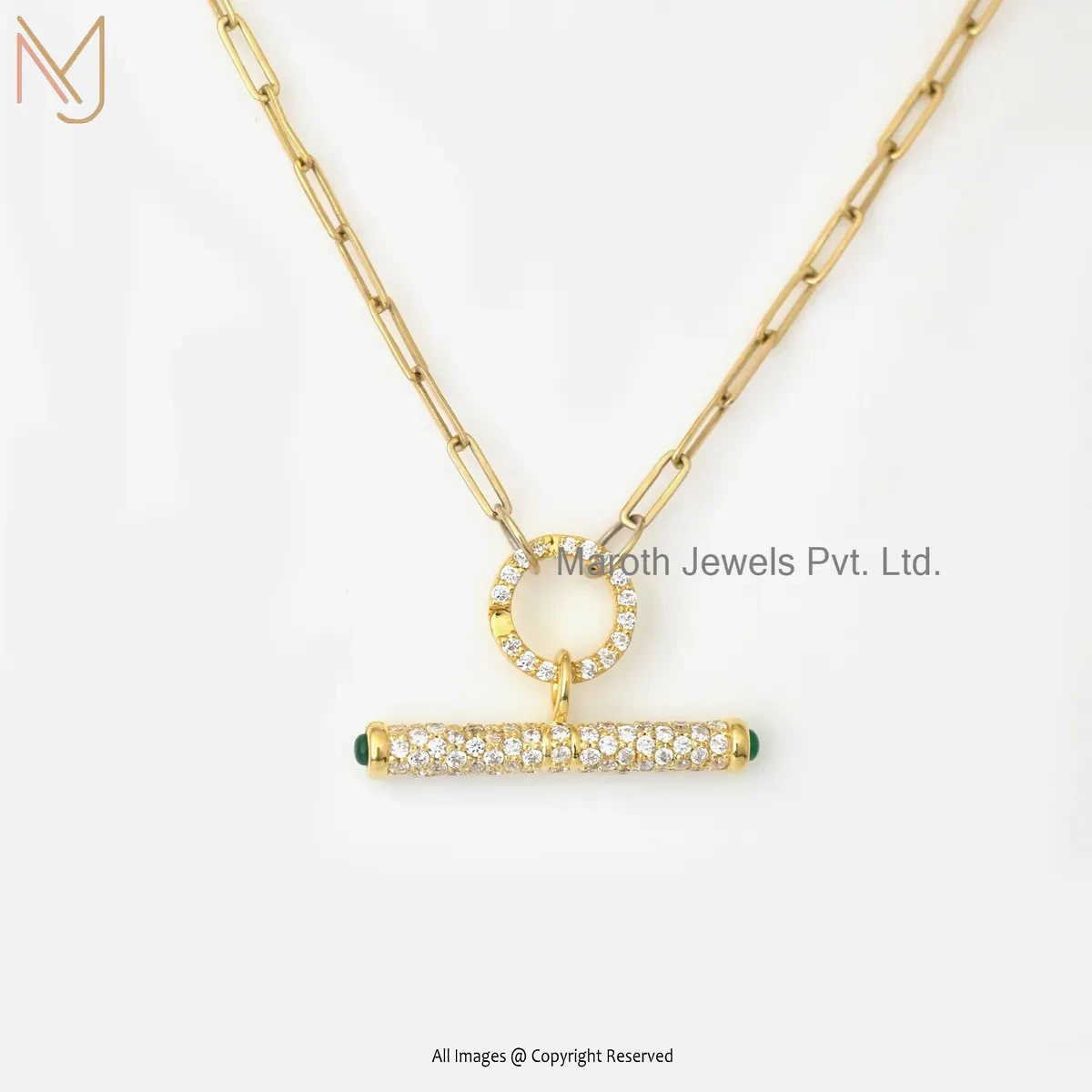 925 Silver Yellow Gold Plated Cubic Zircon Diamond T-Bar Paperclip Necklace Charm Holder Jewelry USA