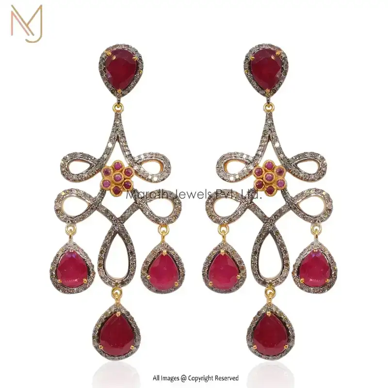 Wholesale 14k Gold Yellow Gold Pave Diamond Ruby Gemstone Earrings