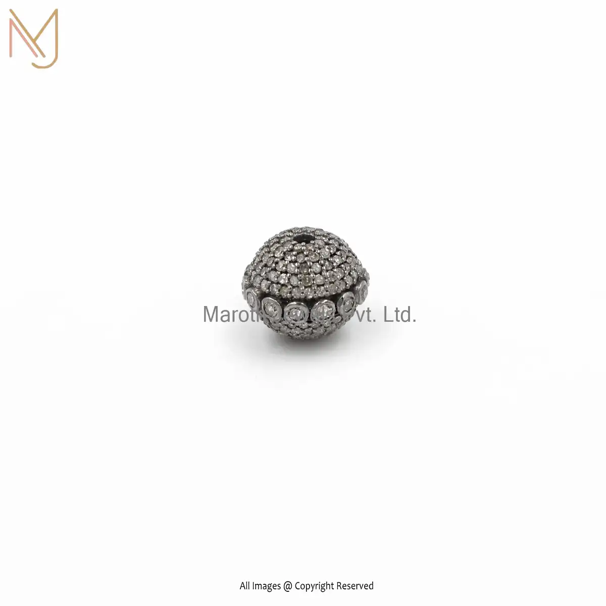 Wholesale 925 Silver Gray Rhodium Plated Pave Diamond Round Beads Finding Jewelry