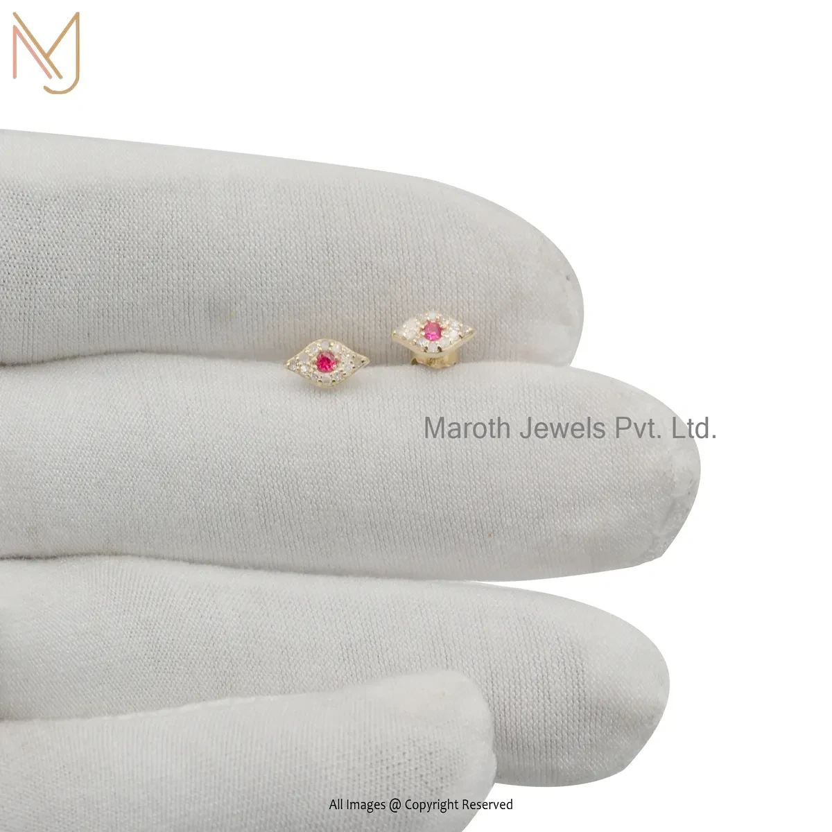 14K Yellow Gold Diamond Ruby Gemstone Evil Eye Stud Earring Jewelry Supplier