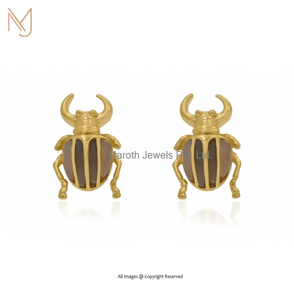 925 SIlver Yellow Gold Plated Gemstone Scarab Stud Earring Jewelry Supplier