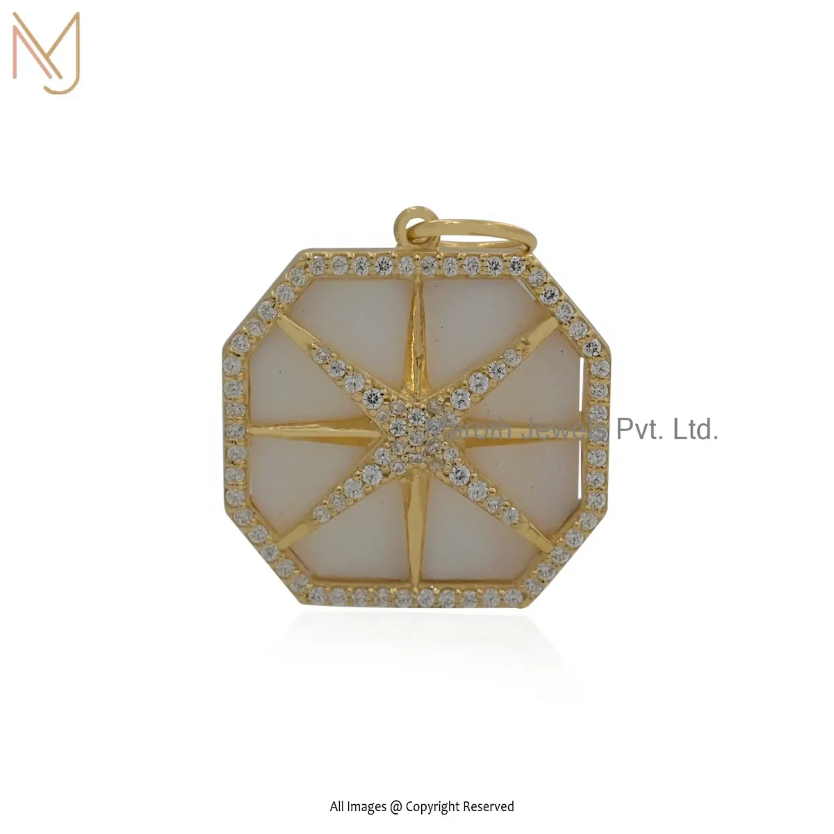 Private Lable 925 Silver Yellow Gold Plated Cubic Zircon & Mother Of Pearl Hexagon Pendant