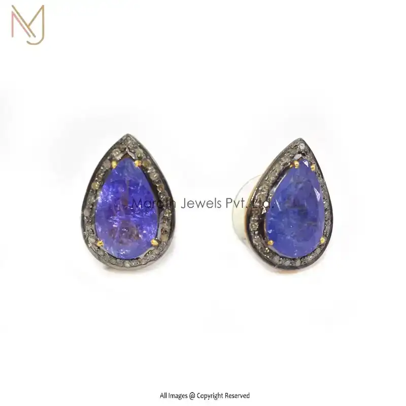 Private Label 925 Silver Pave Diamond Tanzanite Gemstone Drop Studs Earrings Jewelry