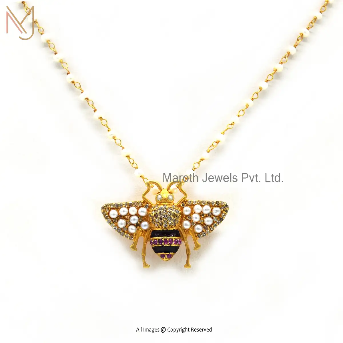 925 Silver Rhodium Plated Pave Diamond & Pearl Gemstone Honey Bee Pendant USA