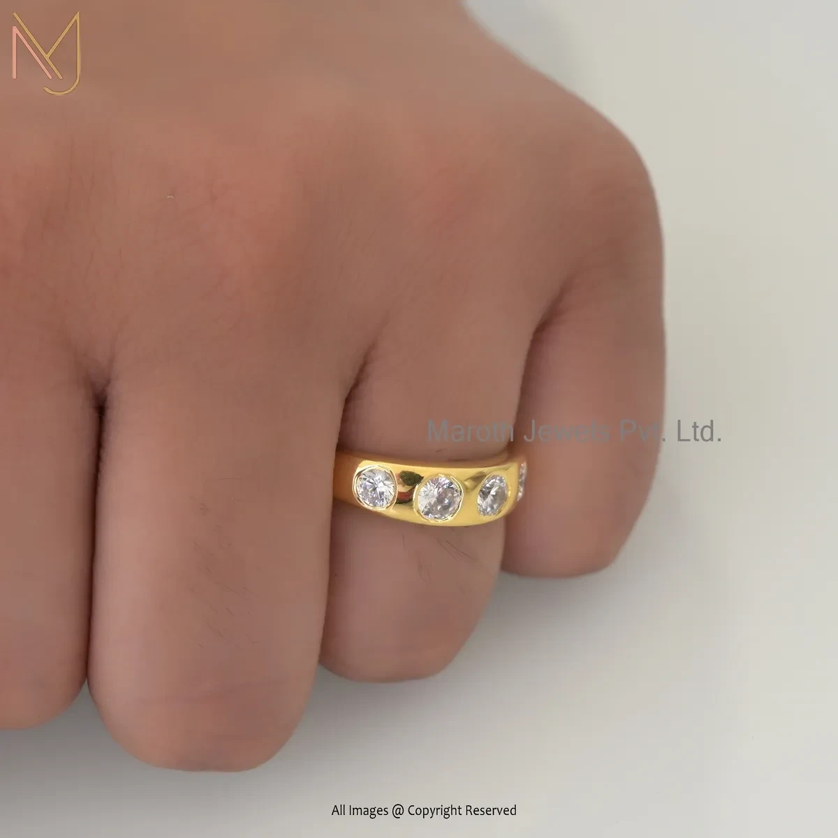 925 Silver Yellow Gold Plated Cubic Zircon Round Brilliant Cut Diamond Band Ring USA