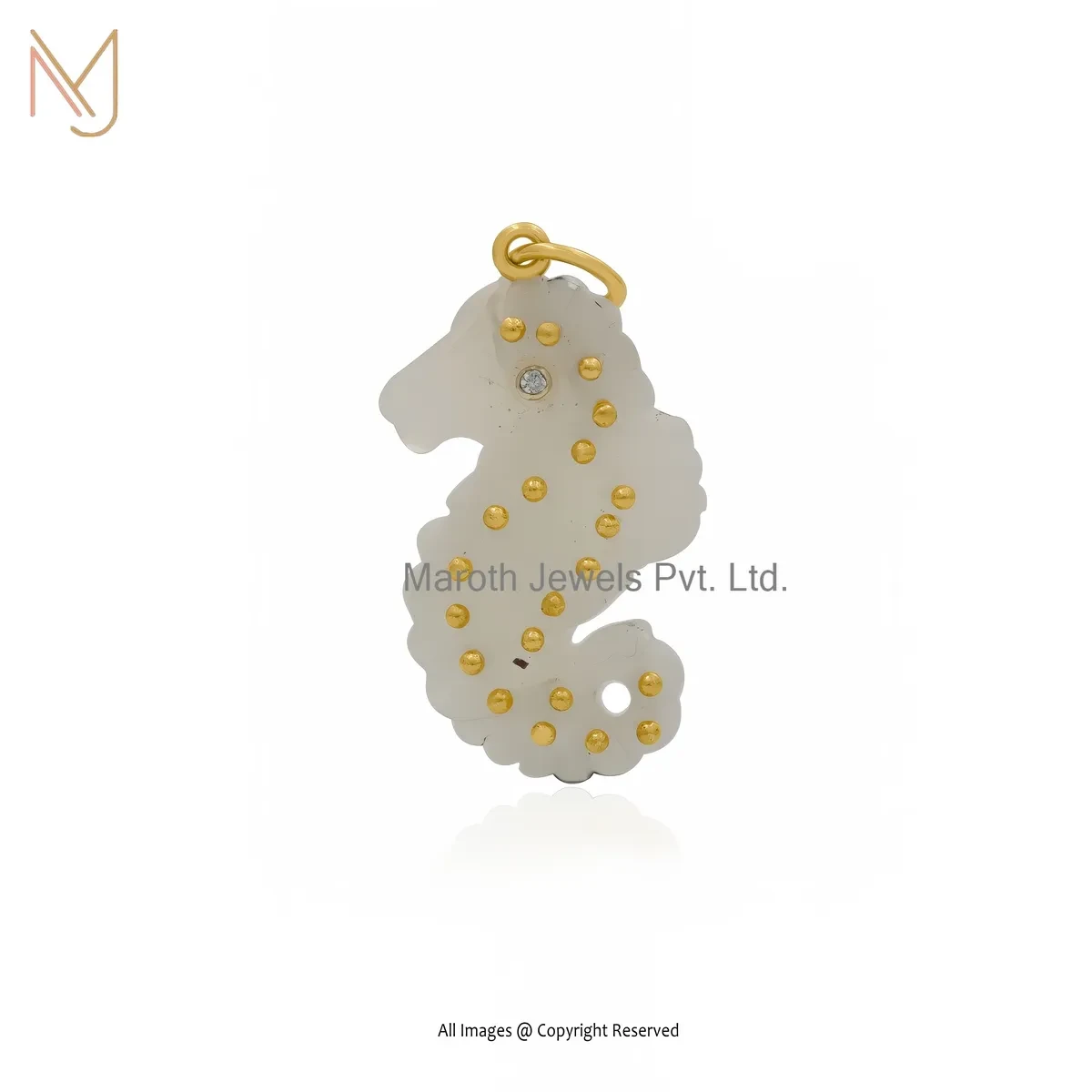 Wholesale 925 Silver Yellow Gold Plated Cubic Zircon & Rose Quartz Gemstone Seahorse Pendant