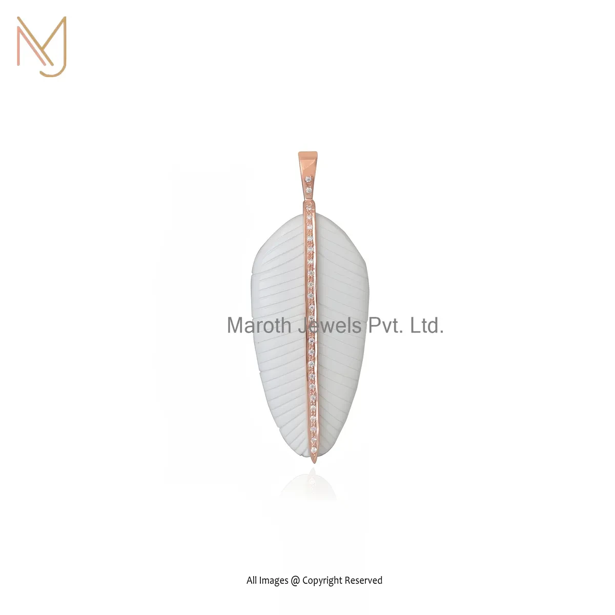 925 Silver Rose Gold Plated White Agate , Moissanite Feather Pendant Custom Jewelry