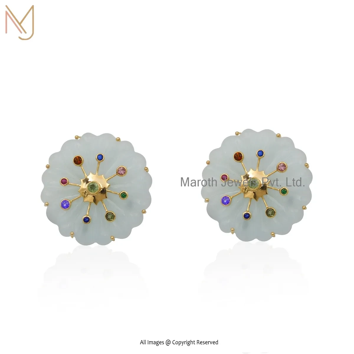 Private Lable 925 Silver Yellow Gold Plated Blue Chalcedony Multi Gemstone Flower Earring