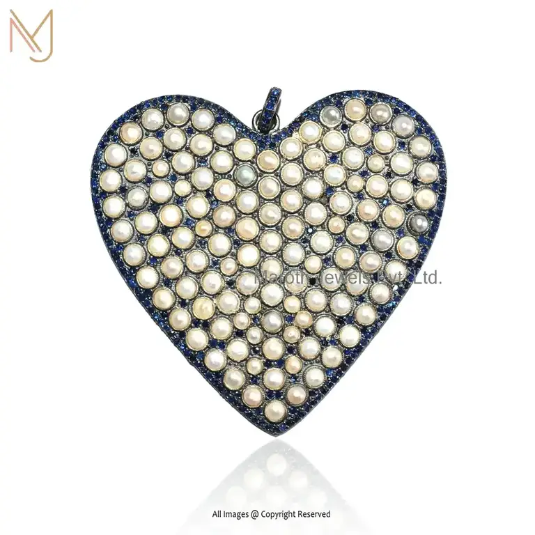 Private Lable 925 Sterling Silver Rhodium Plated Blue Sapphire & Pearl Gemstone Heart Pendant Jewelry