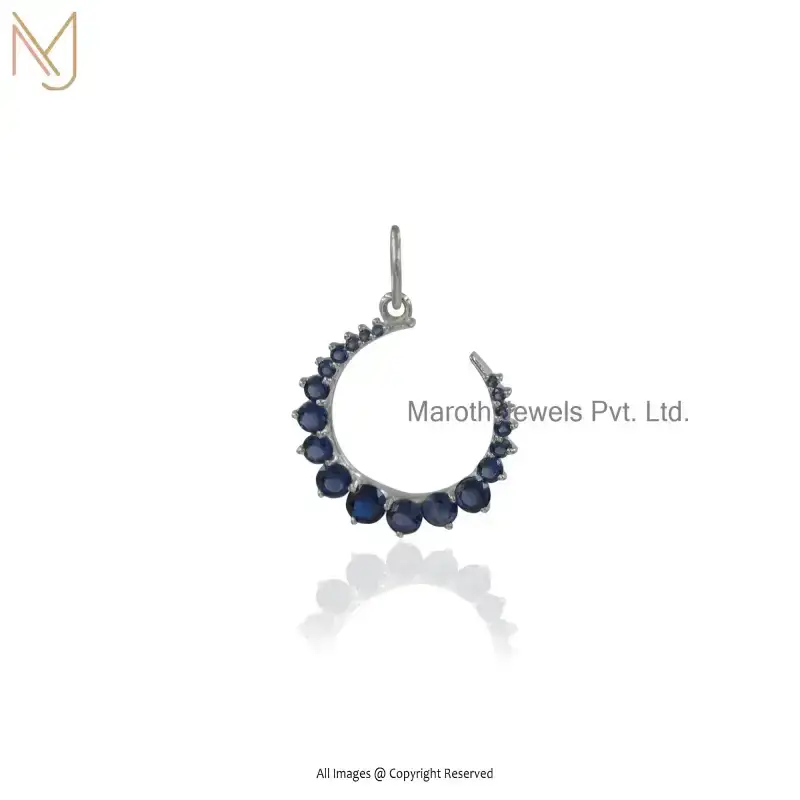 925 Silver Natural Silver Plated Blue Sapphire Crescent Moon Charm Pendant Custom Jewelry