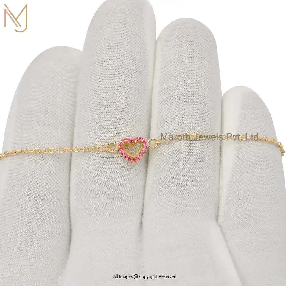 925 Silver Yellow Gold Pink Sapphire Gemstone Heart Adjustable Chain Bracelet Manufacturer