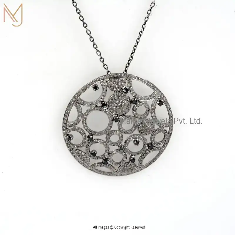 925 Silver Black Rhodium Plated Pave Diamond Round Circle Pendant Jewelry USA