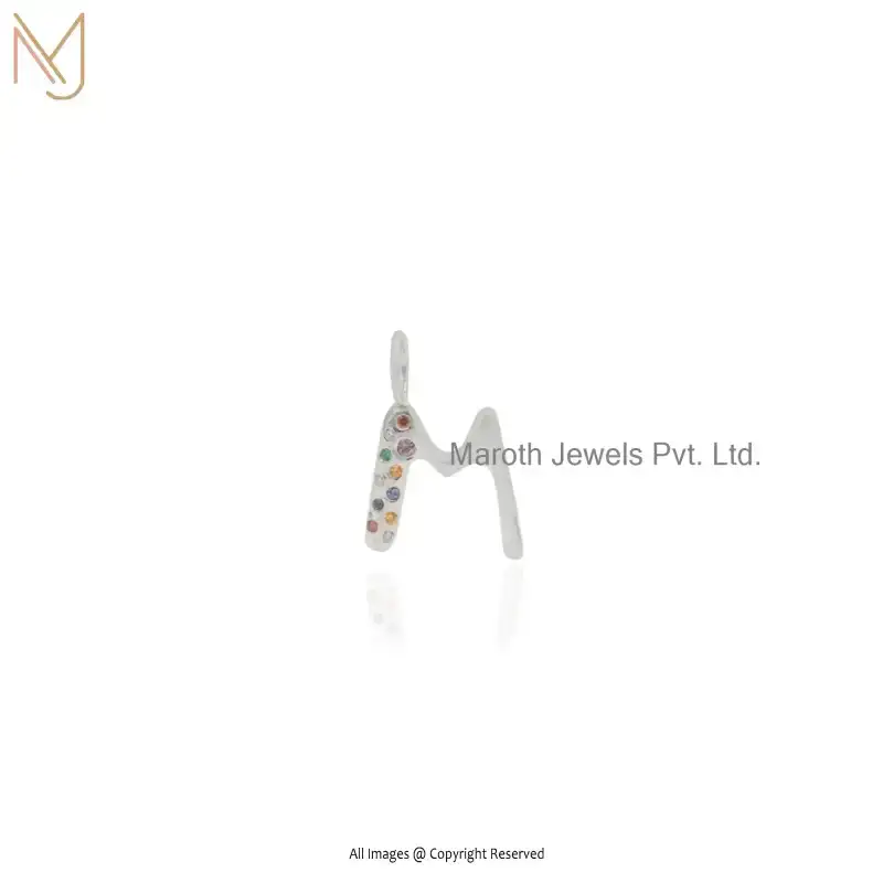 14K White Gold Multi Gemstone Alphabet Initial Letter Charm Pendant USA
