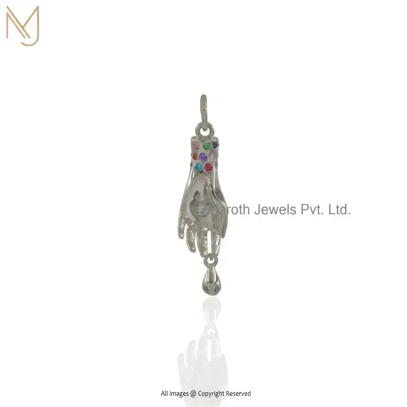 925 Silver Natural Silver Plated Multi Gemstone Figa Hand Pendant Custom Jewelry