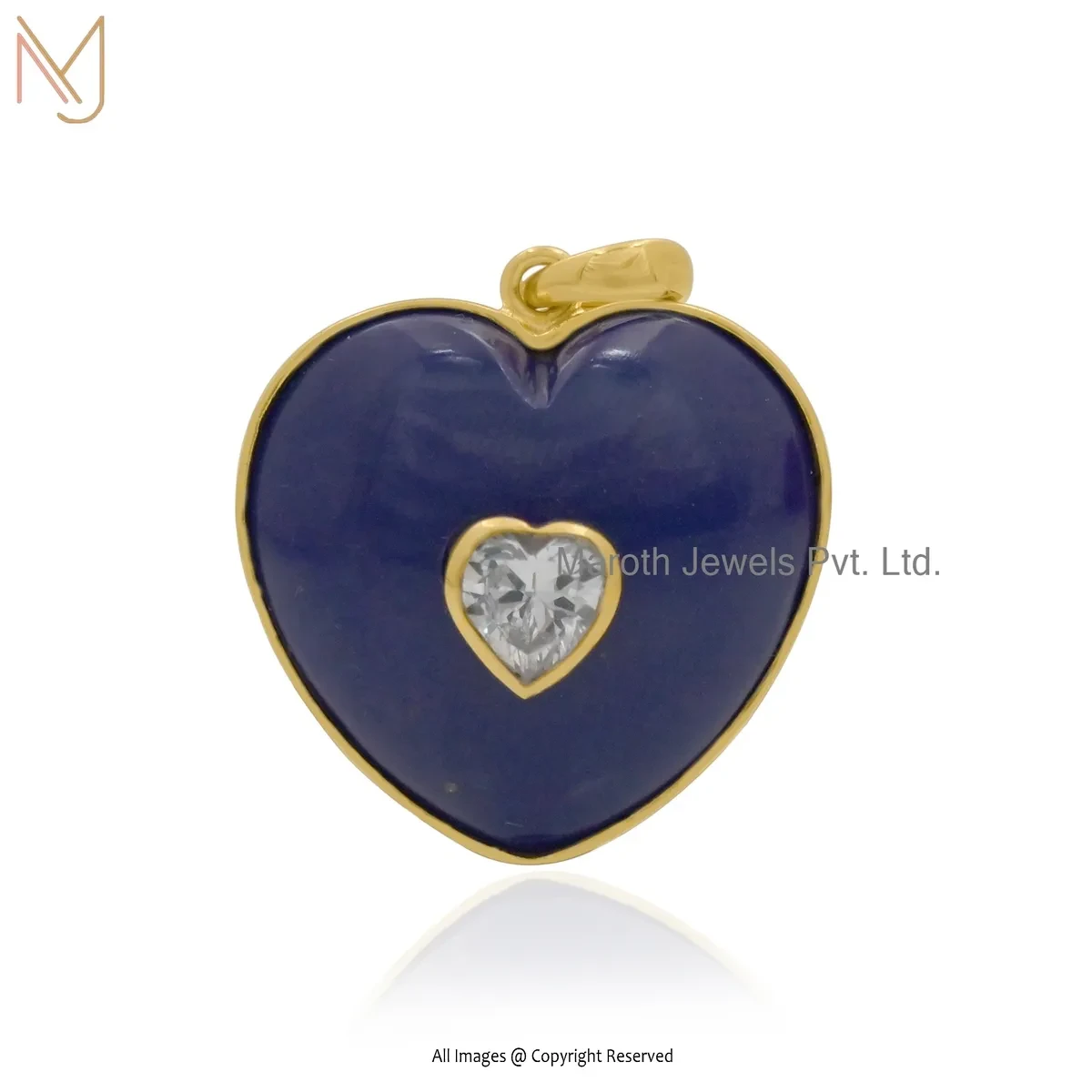 925 Silver Yellow Gold Plated Cubic Zircon & Lapiz Lazuli Heart Pendant Jewelry Supplier