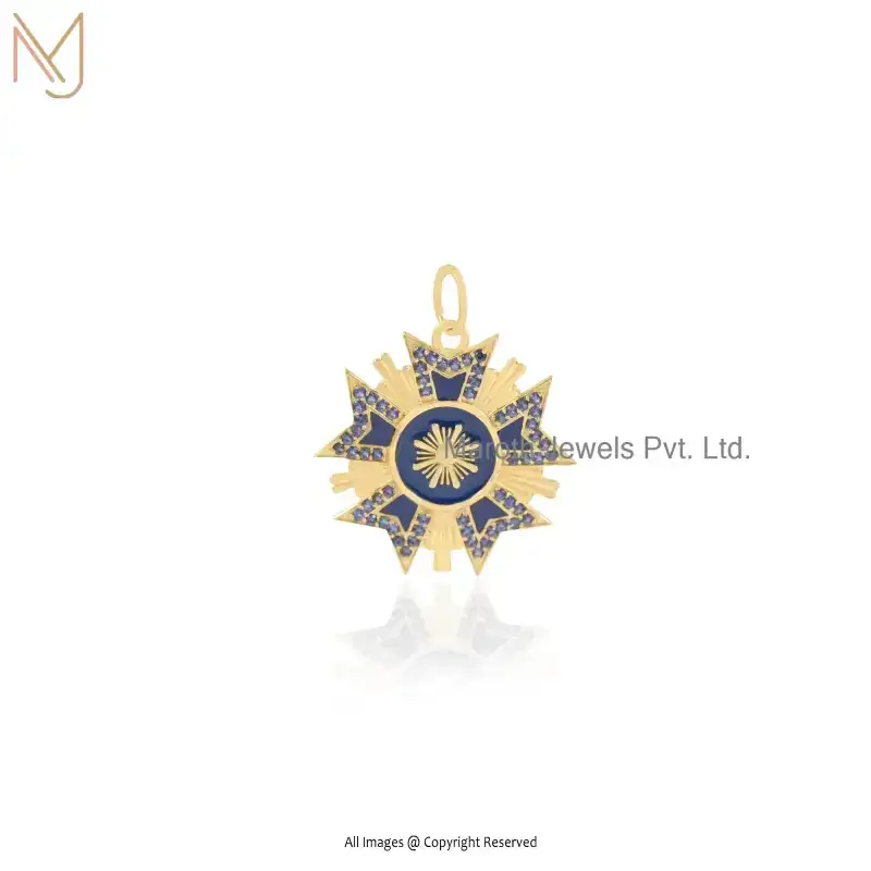 925 Silver Yellow Gold Plated Sky Blue Enamel & Blue Sapphire Starburst Pendant USA