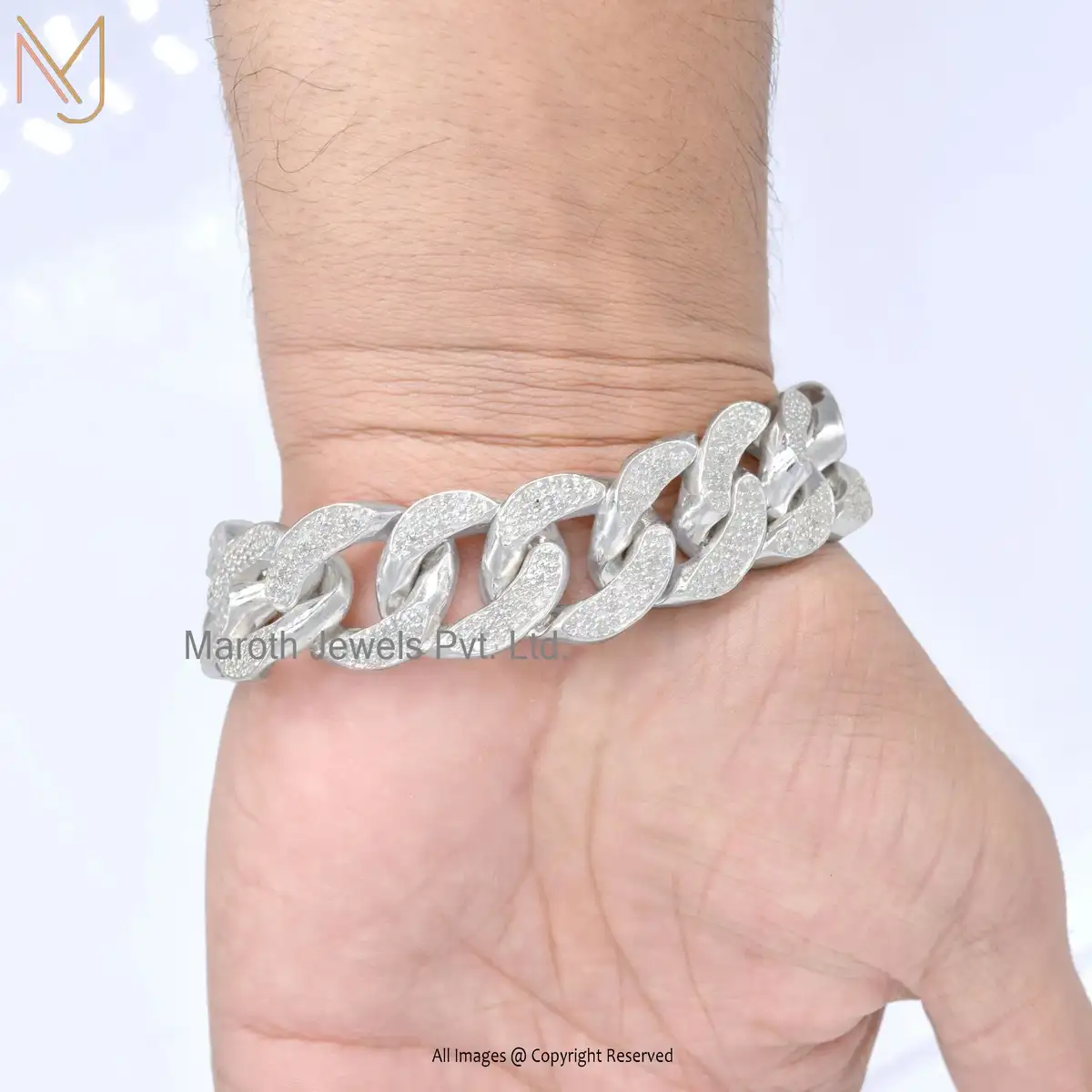 14K Solid White Gold Cubic Zircon Curb Man's Designer Chain Bracelet Jewelry USA