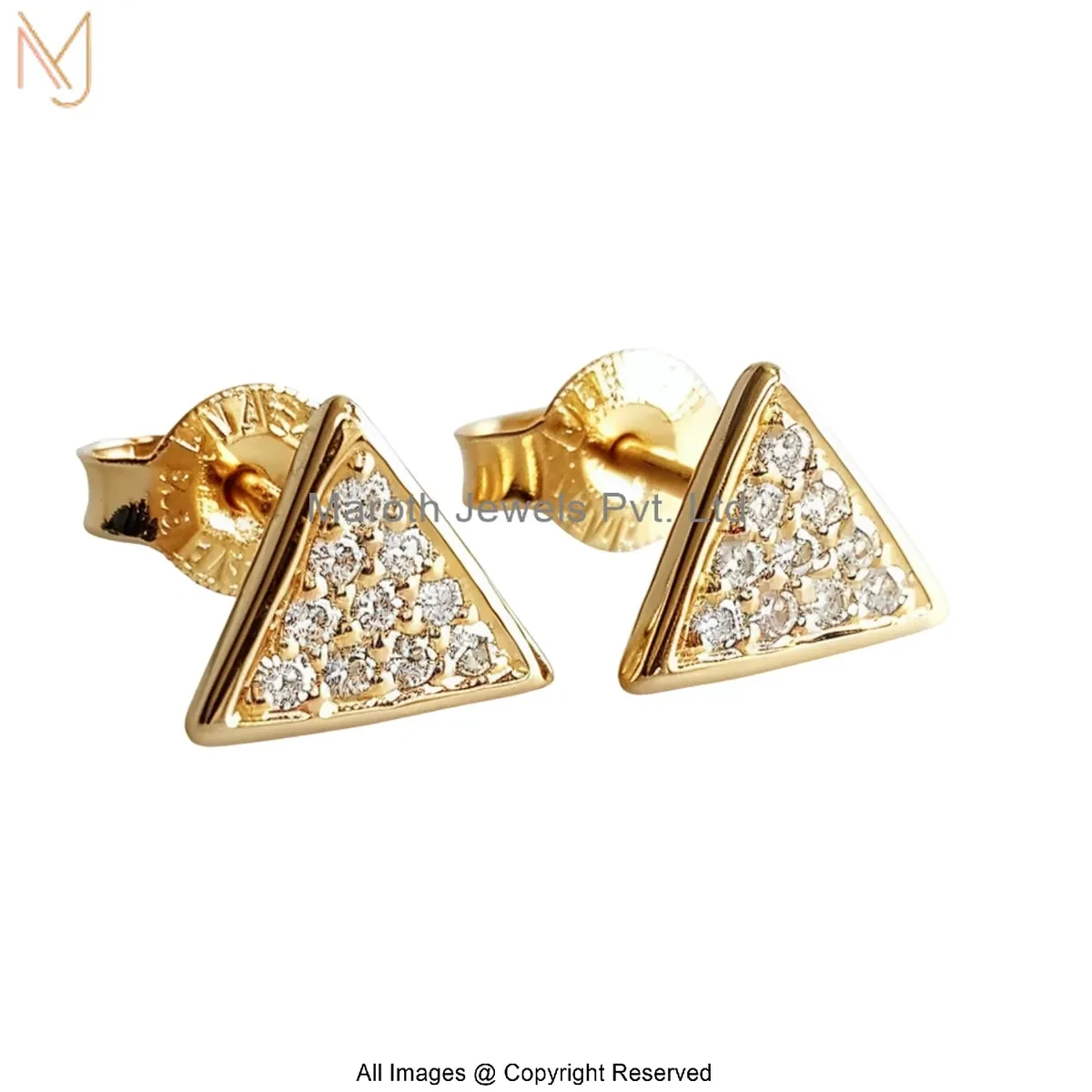Wholesale 925 Sterling Silver Yellow Gold Plated Cubic Zircon Diamond Triangle Stud Earring