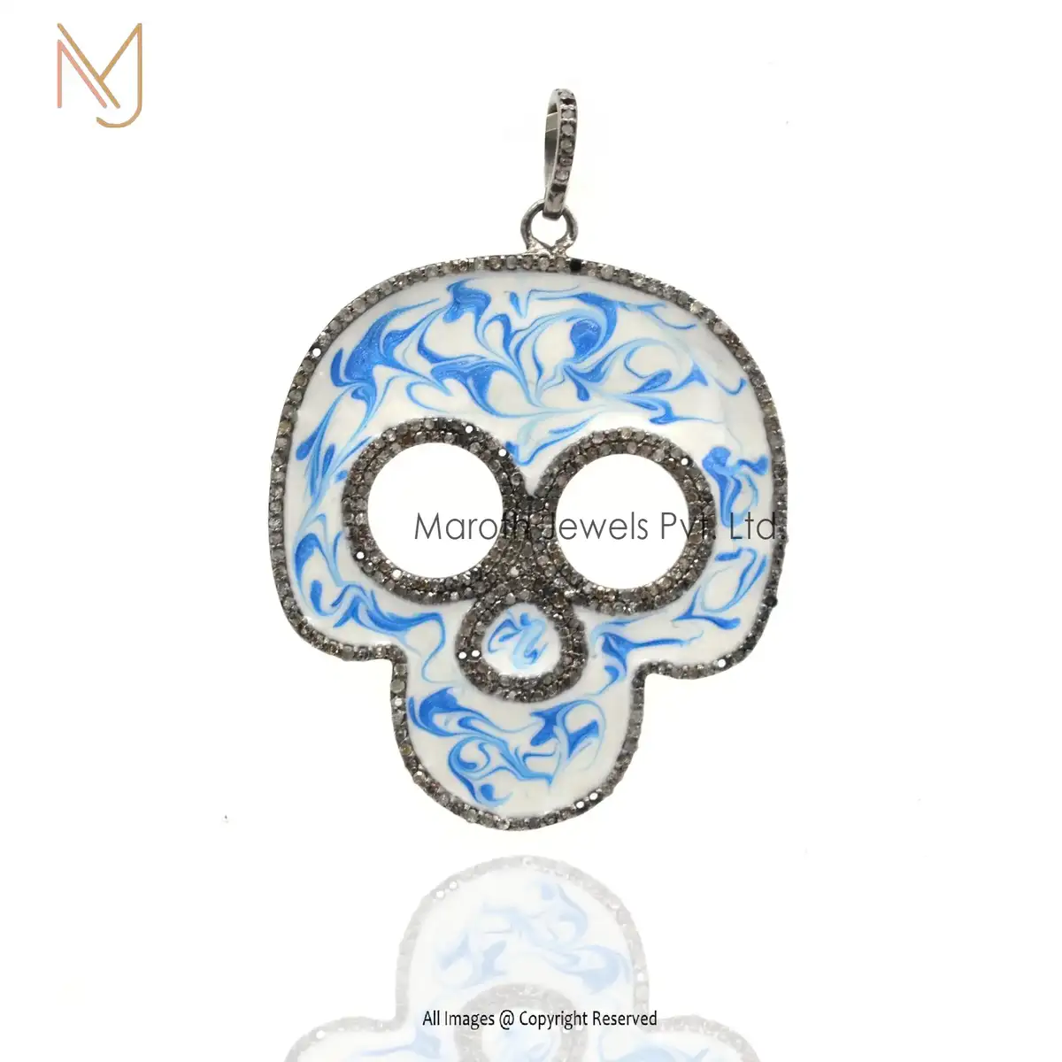 925 Silver Rhodium Blue & White Enamel Pave Diamond Skull Pendant Silver Jewelry Manufacturer