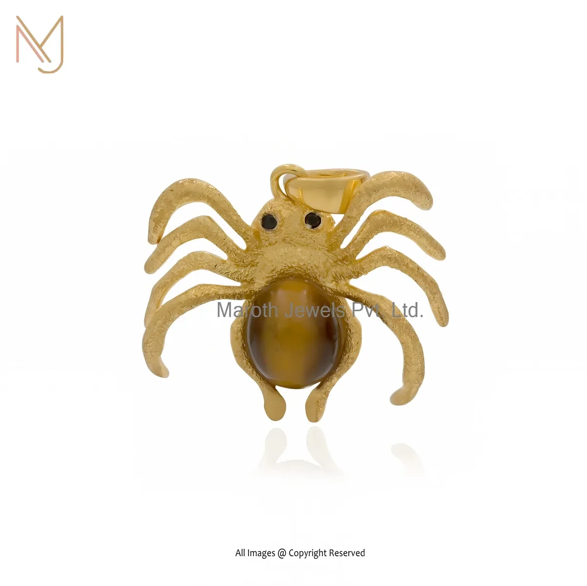 Private Lable 14K Yellow Gold Tiger Eye & Black Cubic Zircon Spider Pendant