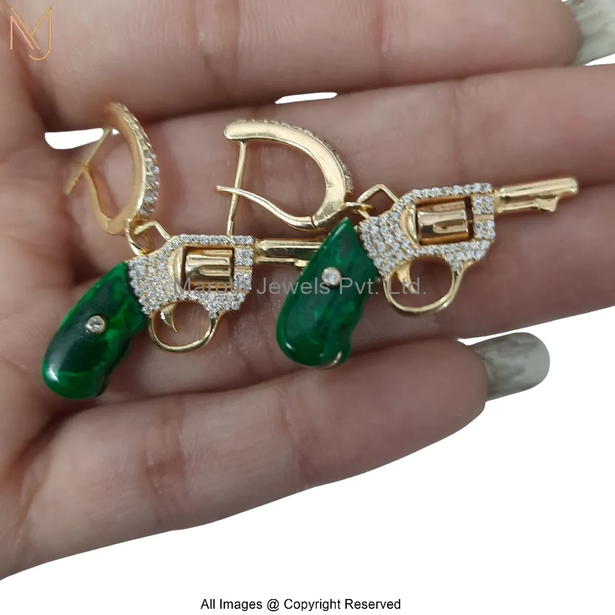 Wholesale 925 Silver Yellow Gold Plated Cubic Zircon Diamond Revolver-Shaped Gun Dangle Earrings