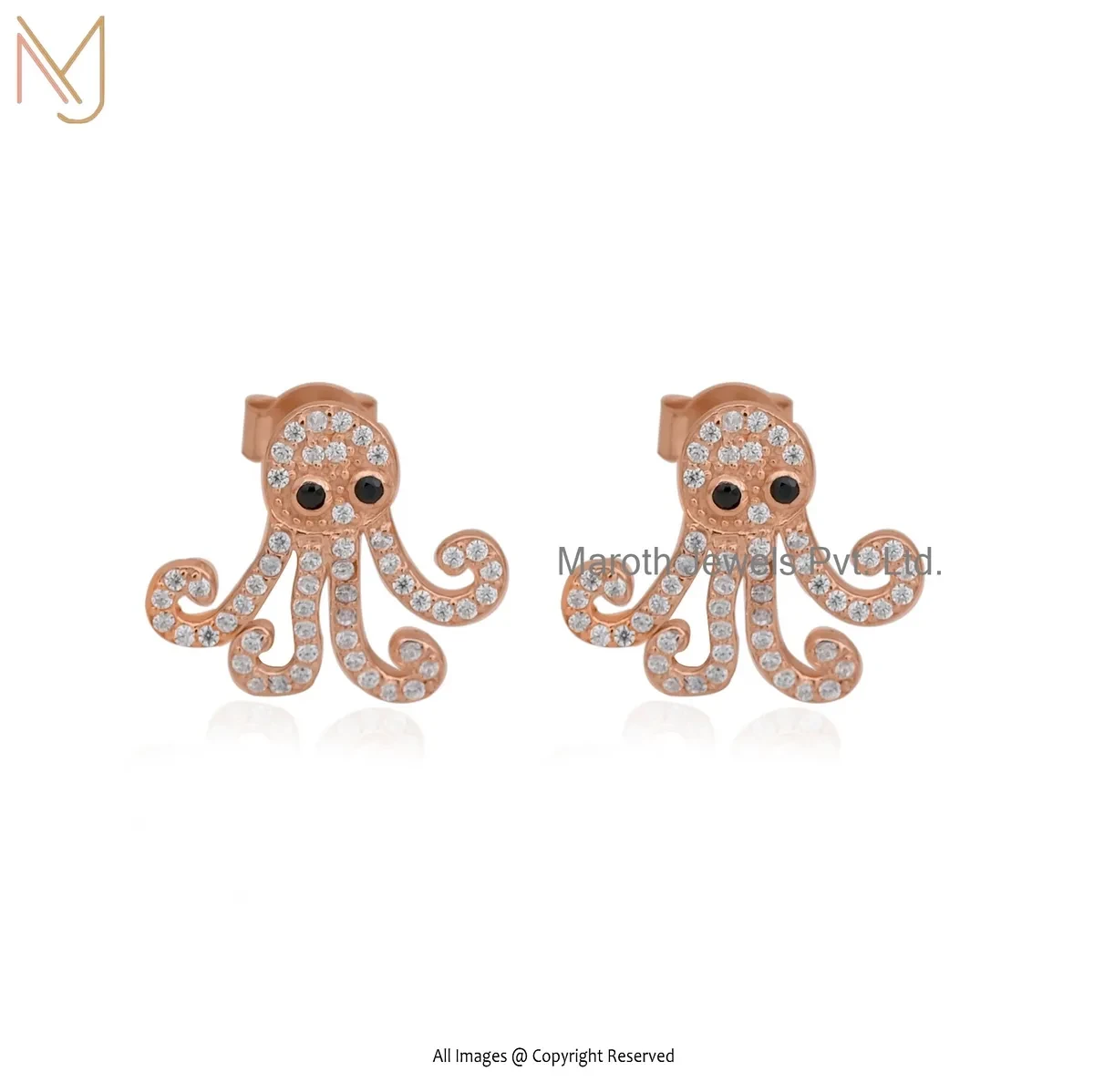 14K Rose Gold White Cubic Zircon And Black Spinel Octopus Stud Earrings USA