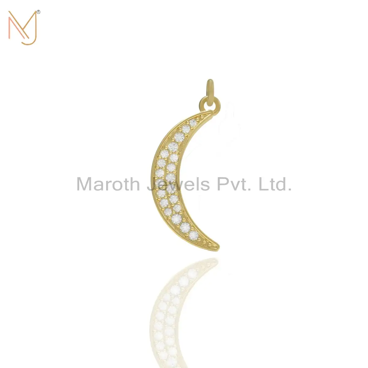 14K Yellow Gold Pave Diamond Crescent Moon Charm Pendant Jewelry USA