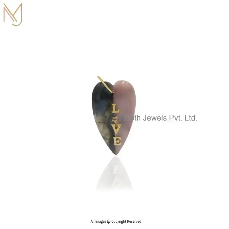 Private Lable 925 Silver Yellow Gold Plated Pink Opal & Labradorite & Pink CZ Letter Love Heart Pendant