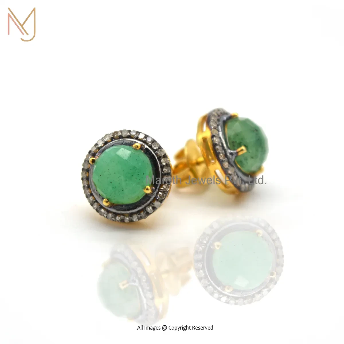 Wholesale 14K Yellow Gold Pave Diamond Emerald Gemstone Stud Earring