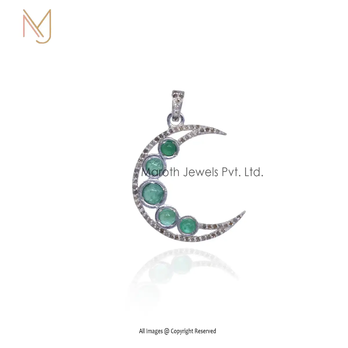 925 Silver Rhodium Diamond And Emerald Gemstone Moon Pendant Manufacturer
