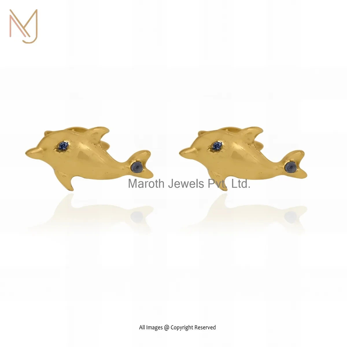 925 Silver Yellow Gold Plated Cubic Zircon Dolphin Stud Earring Custom Jewelry