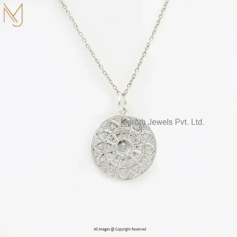 Private Lable 925 Silver Yellow Gold Plated Flower Engraving Disc Pendant Jewelry