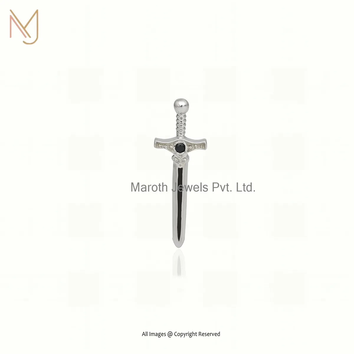 925 Silver Natural Silver Plated Black Cubic Zircon & Black Enamel Sward Pendant USA