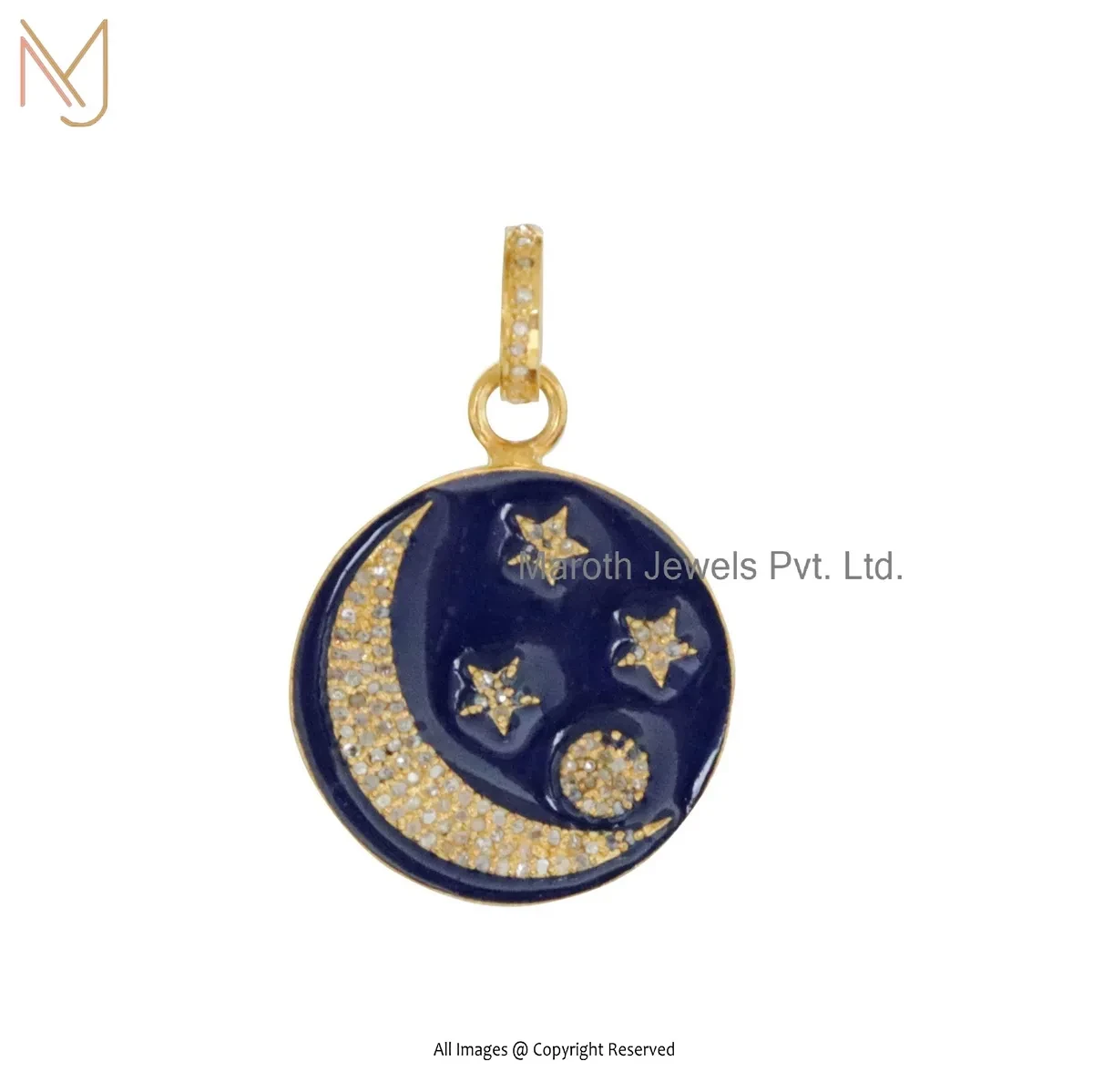 Wholesale 14K Yellow Gold Pave Diamond Enamel Crescent Moon Star Pendant