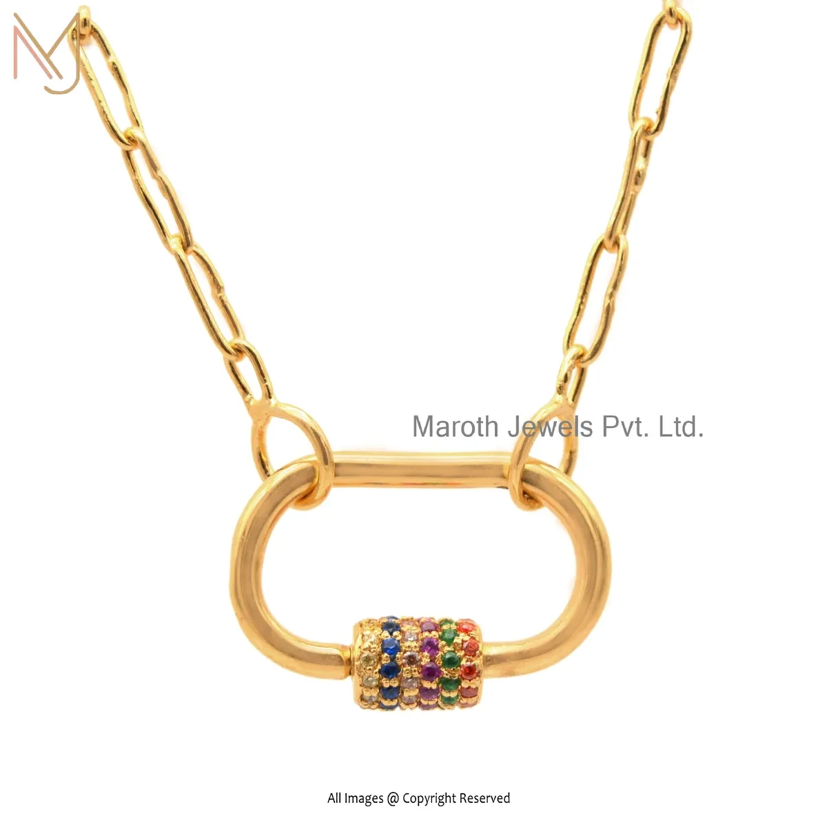 Private Lable 925 Silver Yellow Gold Plated Multi Sapphire Handmade Chain Carabiner Lock