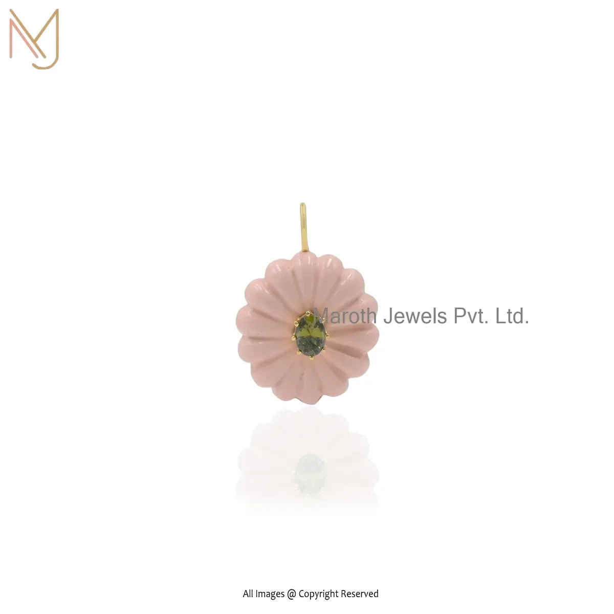 925 Silver Yellow Gold Plated Cubic Zircon & Pink Opal Peridot Flower Pendant Custom Jewelry