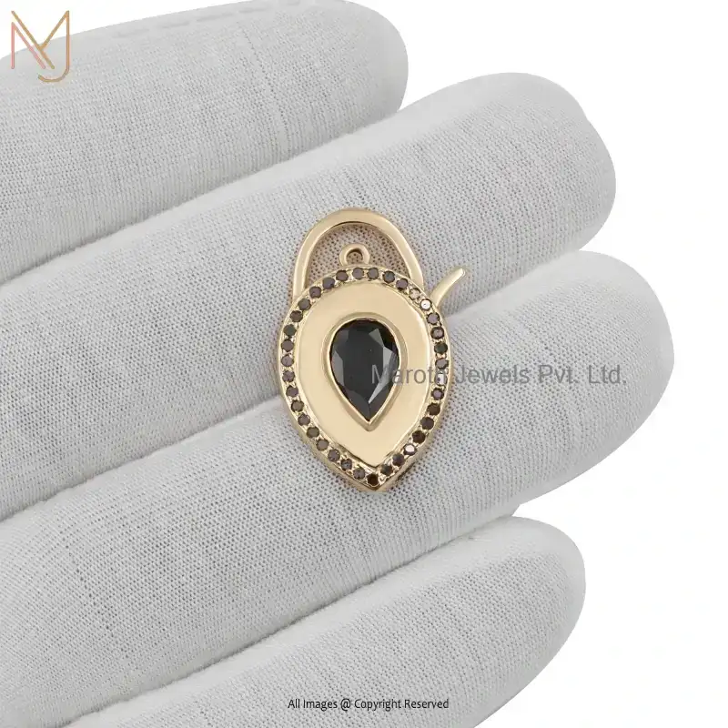 14K Yellow Gold Green Tourmaline And Black Diamond Padlock Pendant USA