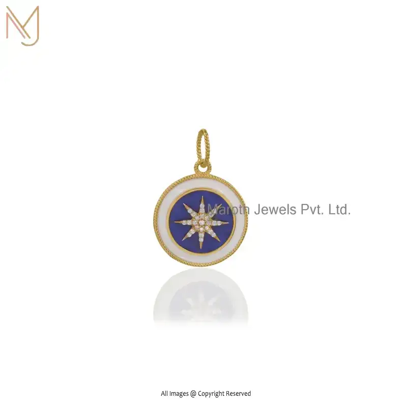 14K Yellow Gold Lapiz lazuli & CZ White Enamel Compass Star Charm Pendant USA