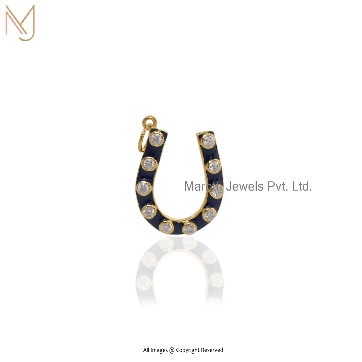 Wholesale 14K Yellow Gold Cubic Zircon & Black Enamel Gemstone Horseshoe Pendant