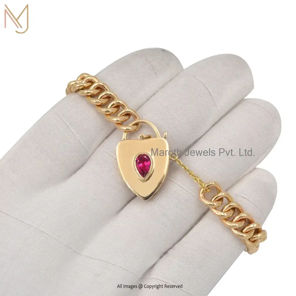 925 Silver Yellow Gold Plated Pink Tourmaline Gemstone Lock Chain Bracelet Jewelry Suppiler