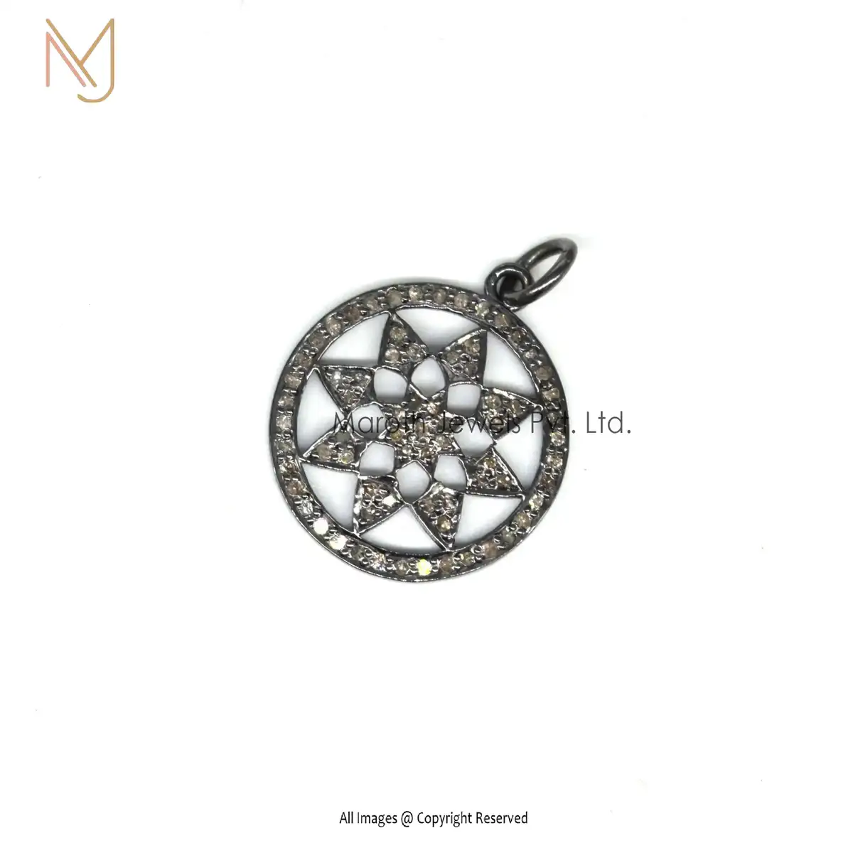 925 Silver Black Rhodium Plated Pave Diamond Round Pendant Jewelry Supplier