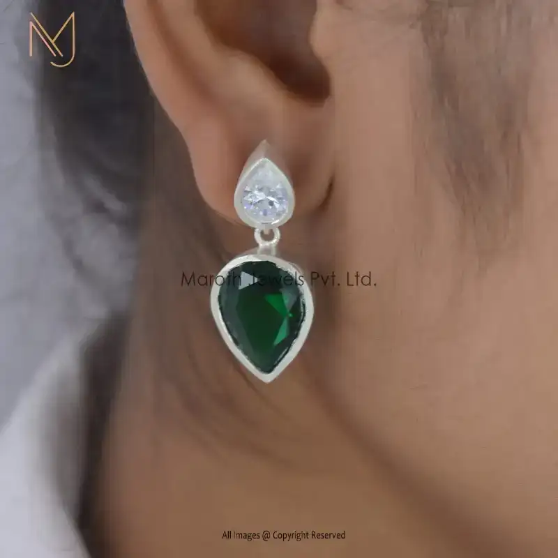 925 Silver Natural Silver Green CZ With Synthic Gemstone Earrings Custom Jewelry