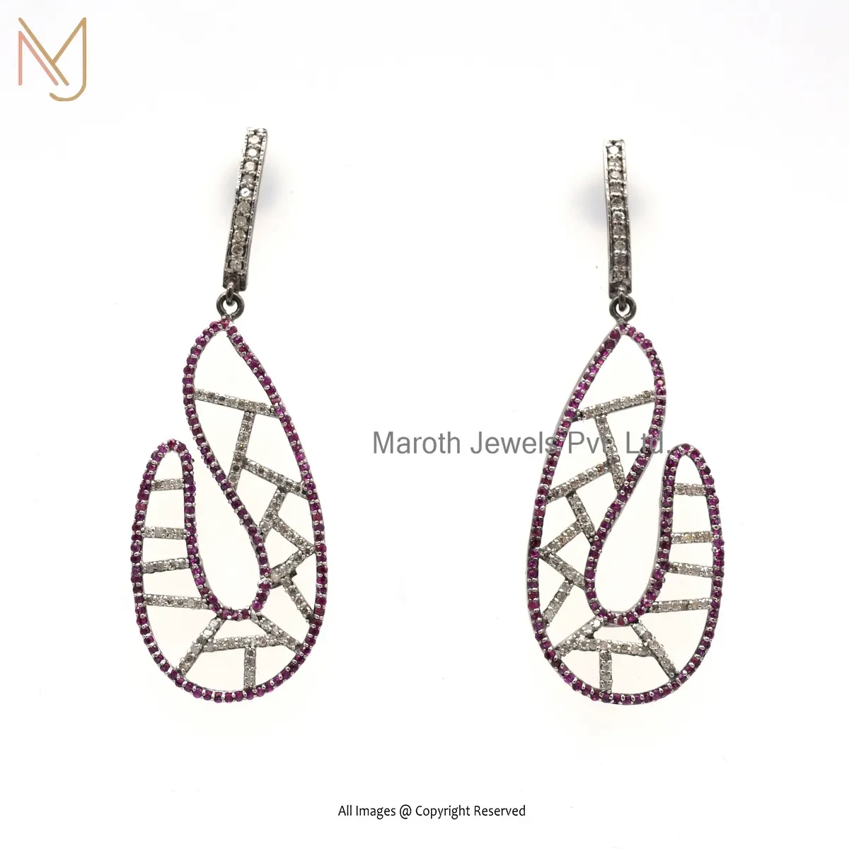 Wholesale 925 Silver Yellow Gold Plated Pave Diamond Ruby Gemstone Dangle Earring
